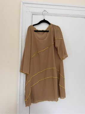 Women's Tan Chiffon Blouse with Yellow Trim